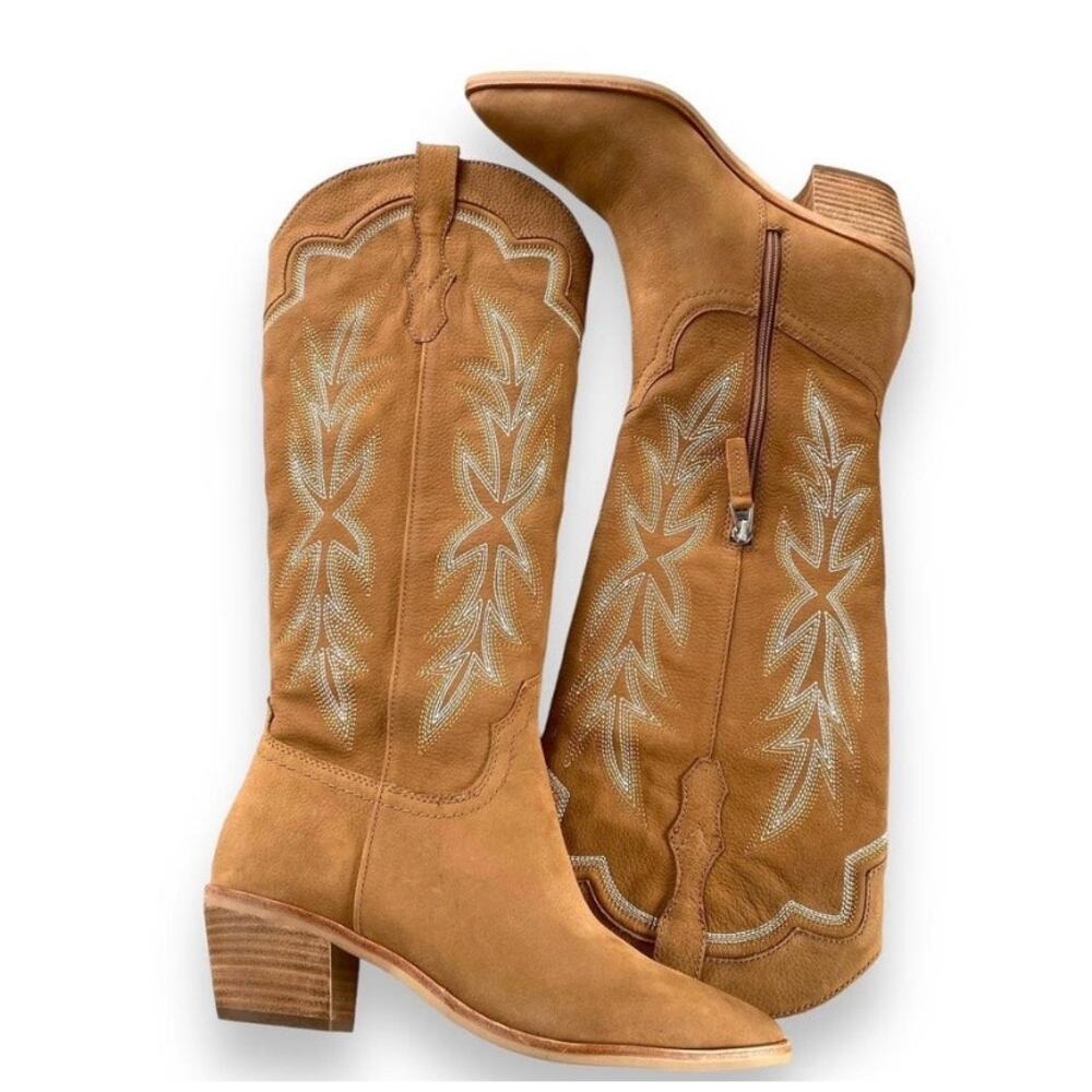 Dolce Vita Shiren Tall Western Cowboy Boots Sz 8 Nubuck Leather Brown Pointy Toe